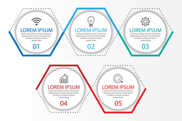 Business Infographic Template Design. Time line minimal concept with 5 option steps and marketing icons. Vector linear infographic with five connected elements. Can be used for your business gifts