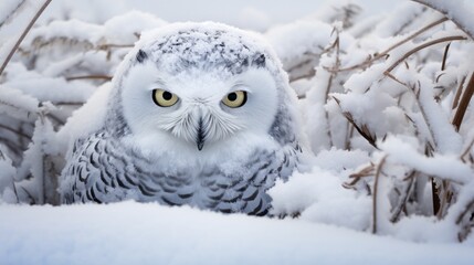 A snowy owl camouflaged perfectly against a winter landscape, its eyes sharp and focused.