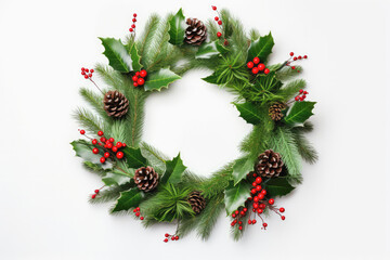 Fototapeta na wymiar Top view of Christmas Wreath on white background, Generative AI.