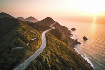 Scenic road surrounded by mountains and coastline during sunset, showcasing a stunning aerial view of nature's beauty. Generative AI