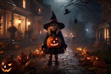 Little girl in halloween costume with pumpkin on the street at night