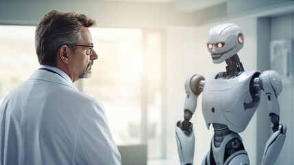Rear view of robot in hospital, robot talking with doctor, health with robot