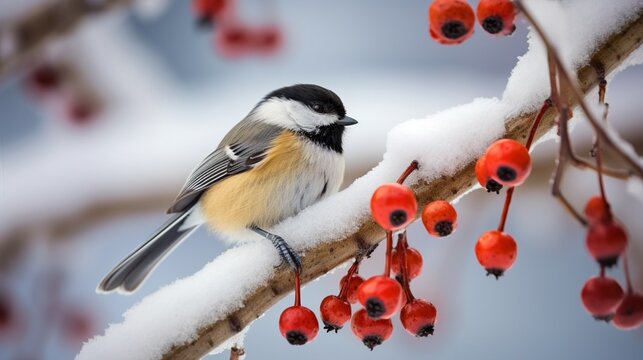 A tiny chickadee feeding on a snowy branch, its beady eyes focused on its meal.