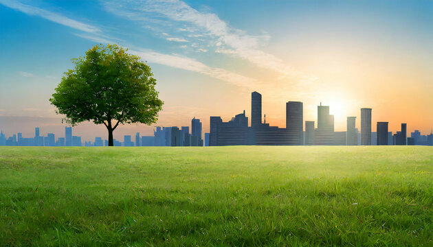Sunrise Cityscape Skyline, Green Grass, and a Tree