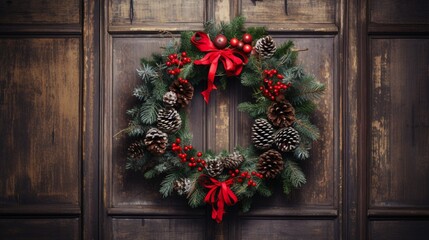 Fototapeta na wymiar A traditional Christmas wreath adorned with berries and pinecones on an old wooden door.
