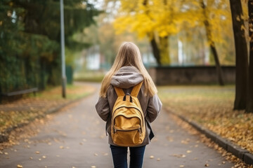 Female student carrying a bag with holding a book and walking to school, Generative AI.