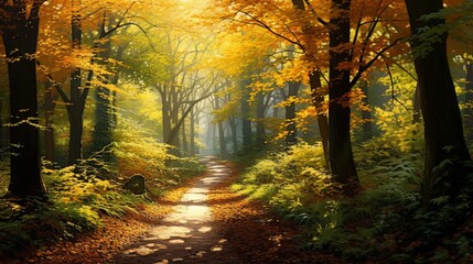 A tranquil forest path, sunlight filtering through the dense canopy of autumn leaves.
