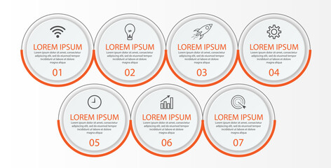 Business Infographic Template Design. Time line minimal concept with 7 options steps and marketing icons. Vector linear infographic with seven connected elements. Can be used for your business gifts