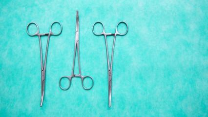 Flat lay of scissors medical instruments. Medical Surgical Instrument. Equipment used in surgery.