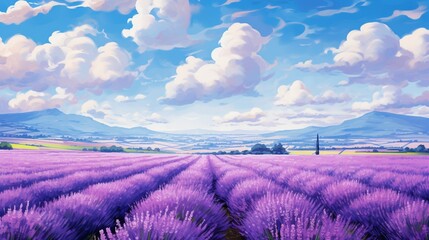 A vast expanse of a lavender field, with rows of vibrant purple under a clear blue sky. - obrazy, fototapety, plakaty
