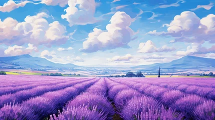 Fototapeten A vast expanse of a lavender field, with rows of vibrant purple under a clear blue sky. © baloch