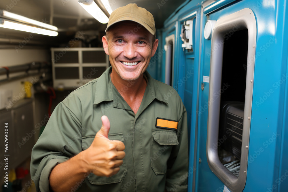 Poster man is shown giving thumbs up gesture in front of machine. this image can be used to convey approval