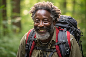 Obraz premium Man with backpack smiles for camera. Perfect for travel and adventure themes.