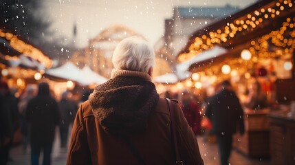 Elderly woman is standing in vibrant Christmas market. Old grandmother looking to festive decorations, twinkling lights and holiday ornaments that add magical touch to the market. Winter season vibe. - obrazy, fototapety, plakaty