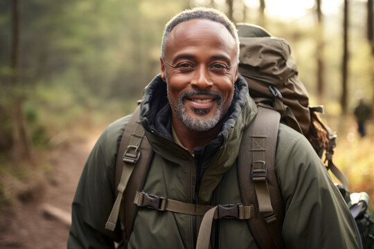 Man with backpack smiles for camera. This picture can be used to depict happiness, travel, adventure, or outdoor activities.