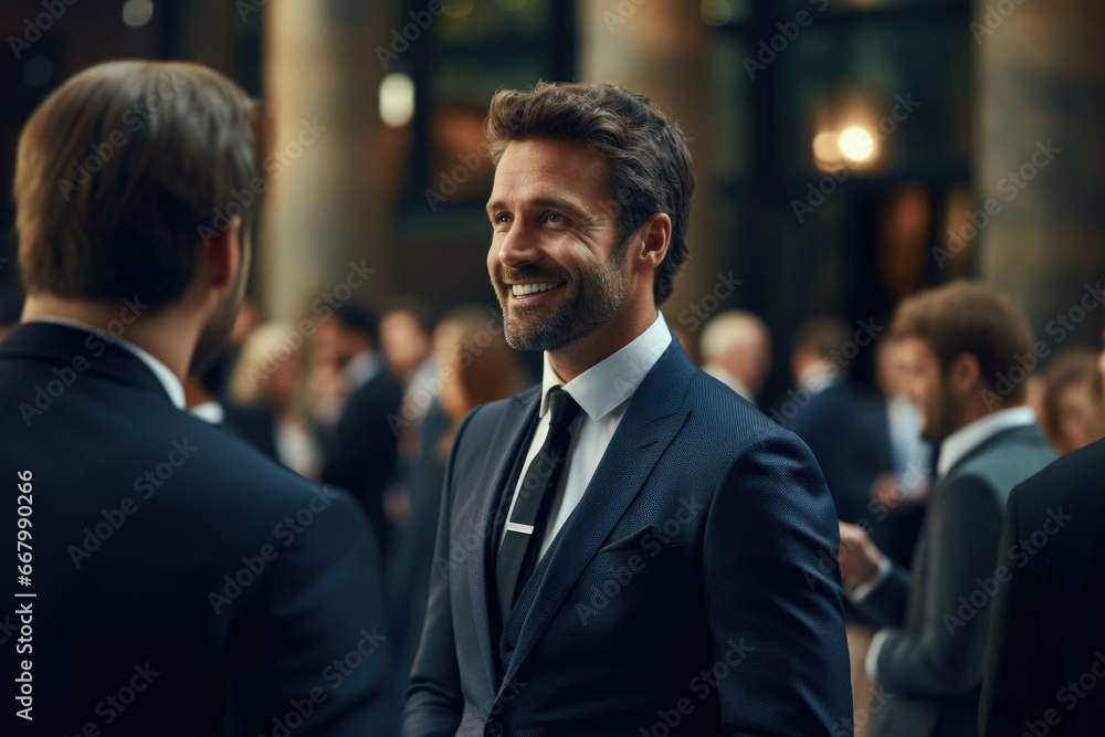 Poster picture of man in suit and tie smiling at another man in suit. this image can be used to depict prof