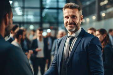 Professional man in suit shaking hands with other people. This image captures business meeting or networking event. It can be used to showcase teamwork, collaboration, and professional relationships.