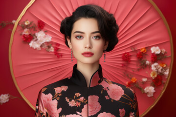 Fototapeta premium Woman wearing black and pink dress holding red umbrella. Perfect for fashion and rainy day concepts.