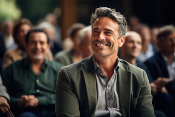 Smiling man sitting in front of crowd of people. This image can be used to represent leadership, public speaking, or confident individual in social setting. - 667990449