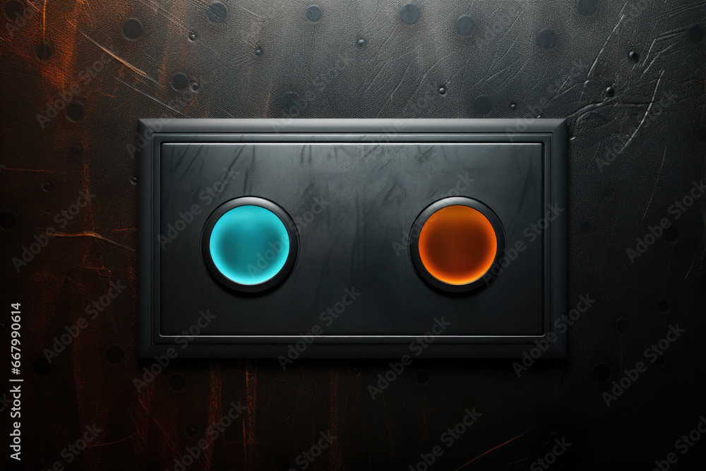 Poster detailed close-up of two buttons on smooth metal surface. technology, control, or precision. ideal f