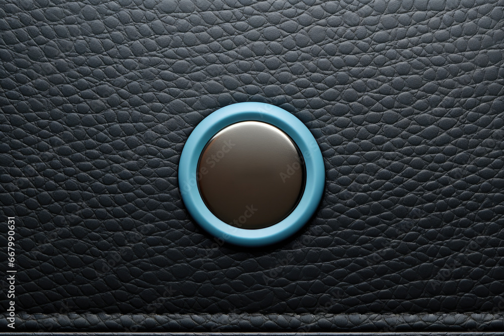 Poster blue button is placed on smooth black leather surface. this image can be used for various design pro