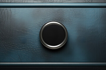 Close-up view of metal knob on blue cabinet. This image can be used to showcase fine details of furniture or for illustrating concepts related to interior design and home decor.