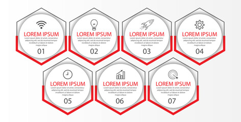 Business Infographic Template Design. Time line minimal concept with 7 options steps and marketing icons. Vector linear infographic with seven connected elements. Can be used for your business gifts