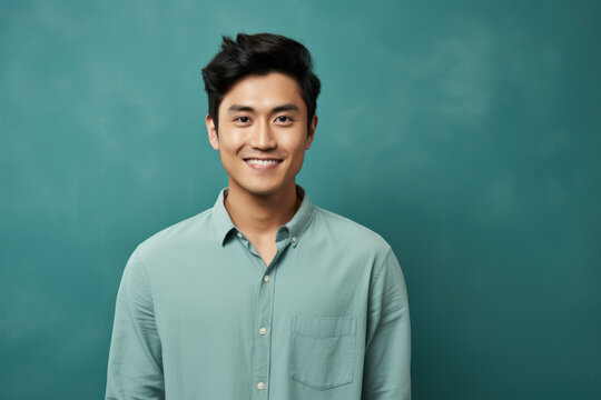 Man wearing green shirt smiles directly at camera. This image can be used to depict friendly and approachable person.