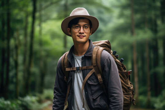 Man wearing hat and glasses standing in forest. Suitable for outdoor and adventure themes.