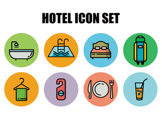 set line hotel, pool with water, hotel and hotel building, hotel room icon. vector