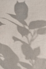 Abstract botanical sunlight shadow pattern on neutral light brown linen fabric background....