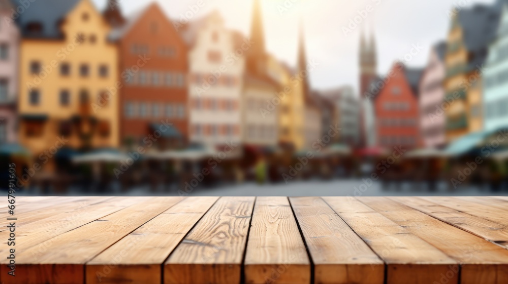 Poster the empty wooden table top with blur background of town square. exuberant image. generative ai