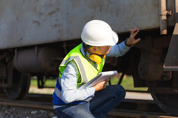Professional technician pre-check freight trains, Engineer man working in cargo train platform, Technician controls the correctness of the freight car, Safety concepts - obrazy, fototapety, plakaty