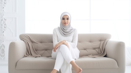 Muslim woman is relaxing sitting on the sofa