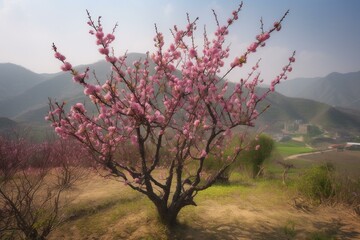 Blooming pink peach tree with delicate blossoms during the spring season. Generative AI - obrazy, fototapety, plakaty