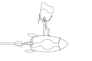 Single one line drawing of young successful businessman standing on flying rocket through the sky raising flag. Entrepreneur starting a new business startup. Continuous design graphic illustration