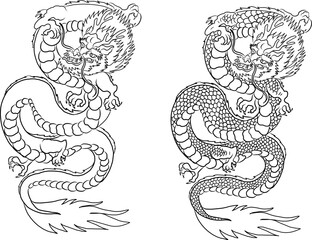 Japanese red dragon tattoo.Dragon on red background for Chinese New Year.Gold Chinese Dragon vector.Gold line art King Dragon tattoo.cartoon vector for t-shirt.