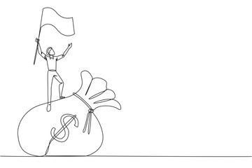 Single continuous line drawing young businessman standing on  giant money bag raising flag. Victory or business achievement obtained for his smart work in managing the business. One line design vector