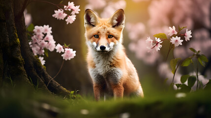 little fox in the forest among a flowering tree
