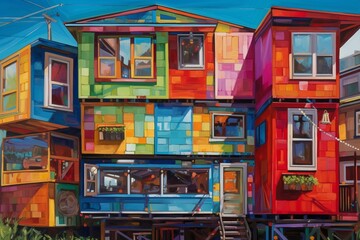 Colorful house built with repurposed shipping containers, arranged artistically and depicted in a captivating medium oil painting. Generative AI