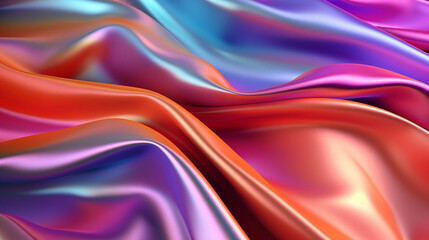 Obraz premium Abstract colorful smooth wavy elegant holographic silk cloth texture design, dynamic shiny luxury metallic satin fabric wave background, , Generative AI.