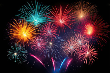 Fototapeta premium Colorful fireworks of various colors on black background. Abstract background.