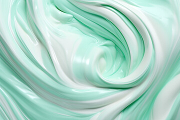 Whipped cream texture. Background of white and green swirls in a liquid form.