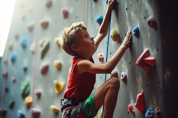 Cute little boy climbing on a climbing wall. Active children sport. - obrazy, fototapety, plakaty