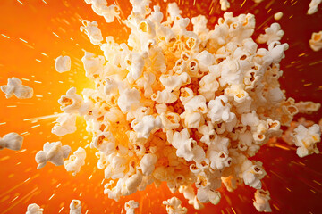 Popcorn flying in the air on orange background.