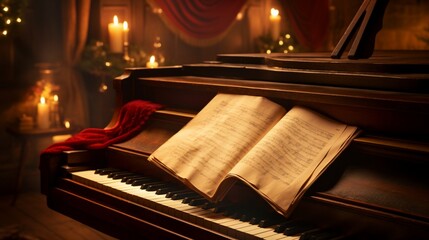Classic Christmas carol sheets placed atop a grand piano, ready for a festive sing-along. - obrazy, fototapety, plakaty