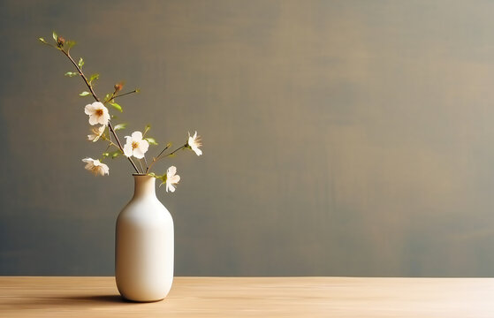A simple vase with flowers in it on a wooden table. Minimalistic composition with copyspace.