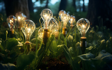 Lightbulbs glowing amidst nature, symbolizing eco-friendly energy and the harmonious blend of technology with the environment.