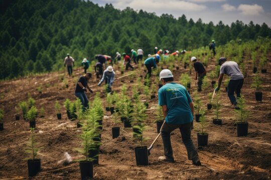 A group of volunteers planting trees in a deforested area.