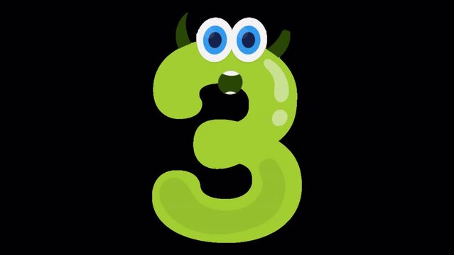 2D Animation of Cartoon Number Three With Facial Expression Isolated On Transparent Background